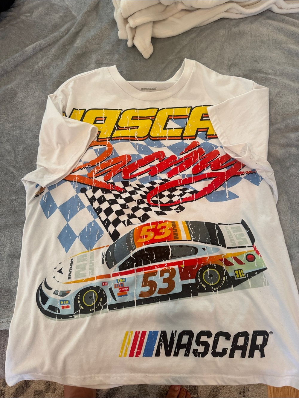 Nascar White Kids Short Sleeve Tee with Colorful Racing Car Graphic